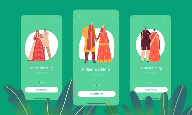 Modello di schermo integrato della pagina dell'app mobile per matrimoni indiani i personaggi dello sposo e della sposa felici indossano abiti festivi