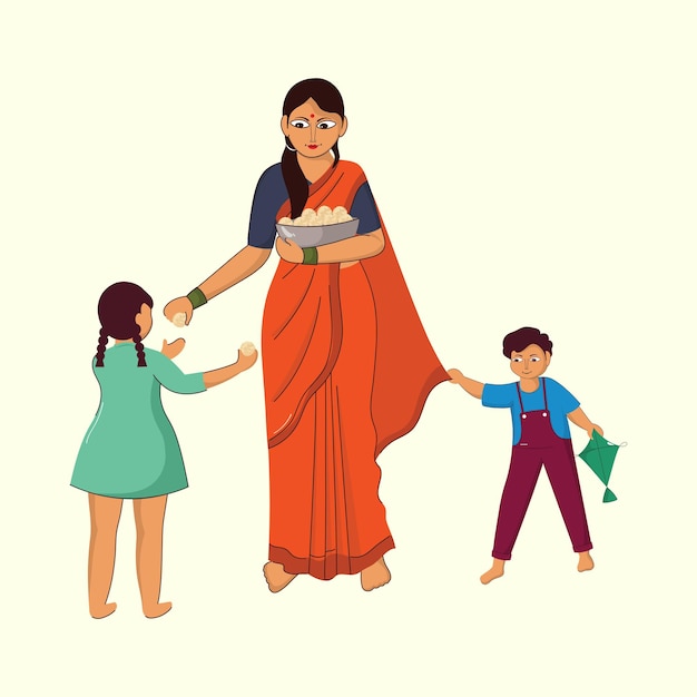 パステル イエローの背景に子供たちに Ladoo 甘いを与えるインドの女性