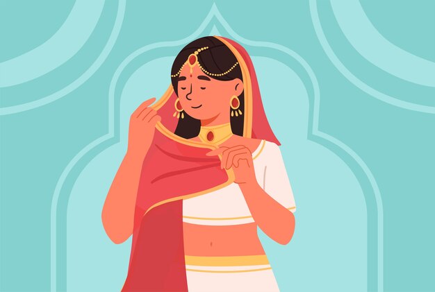 Vector indian woman in hijab concept young girl in traditional clothes beauty elegance and aesthetics character in white dress poster or banner cartoon flat vector illustration
