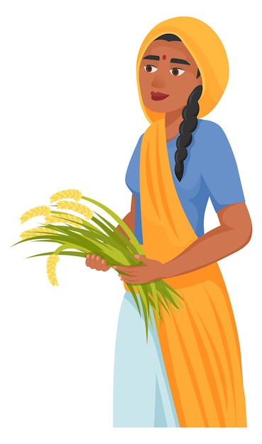 Vector indian woman hold rice crops female farmer