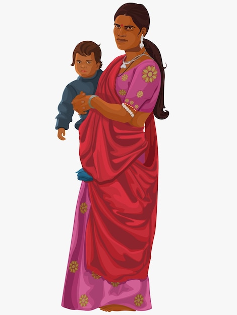 Vector indian woman holding her child