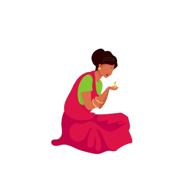indian woman light candle flat color faceless character