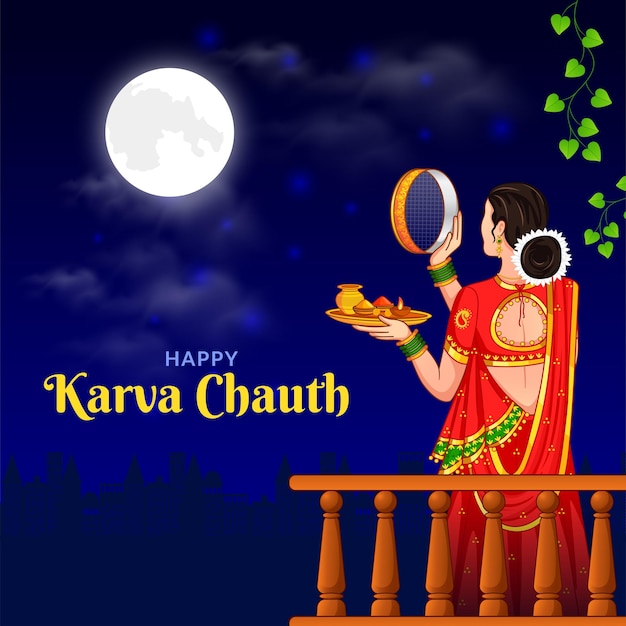 Vector indian woman performing hindu married festival ritual of karwa cahuth looking moon through a sieve