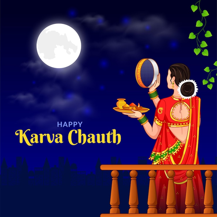 वेक्टर indian woman performing hindu married festival ritual of karwa cahuth looking moon through a sieve