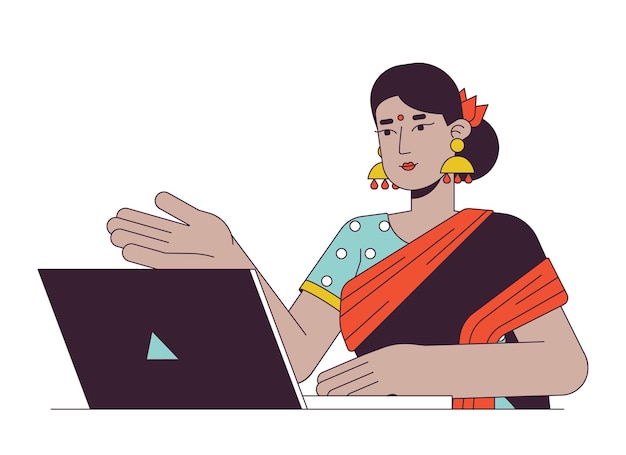 ラップトップ フラット ライン カラー ベクトル文字を持つインドの女性プロフェッショナル Web 会議のシンプルな漫画スポット イラスト Web グラフィック デザインの白いヒンドゥー教の女性の編集可能な概要半身人