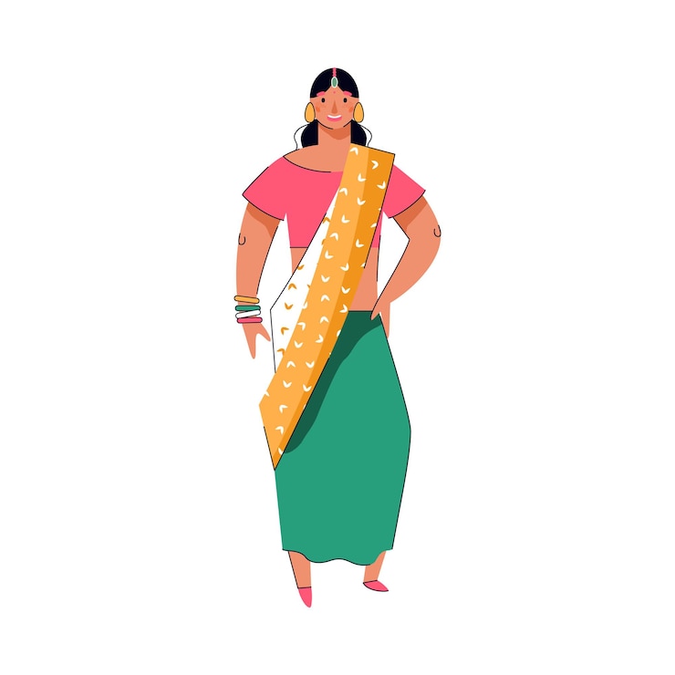 Vector indian woman in sari dress  cartoon girl in traditional saree costume