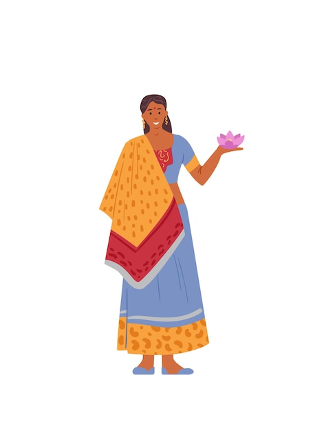 Vector indian woman in traditional dress holding lotus flower v