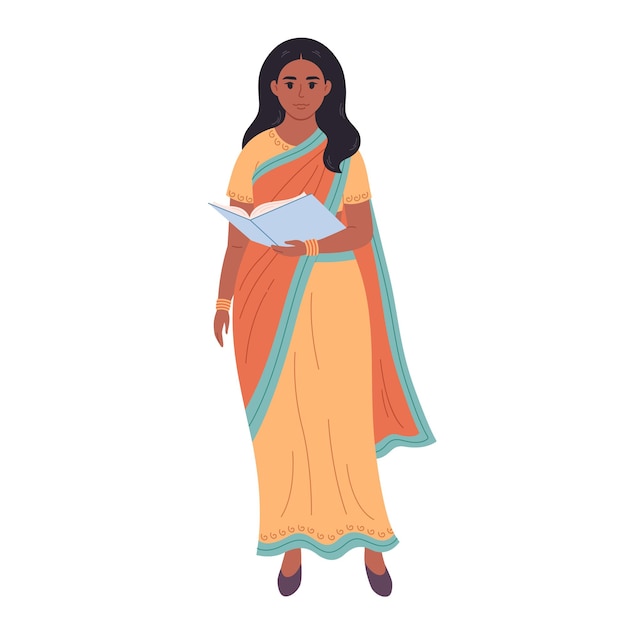 Vector indian woman with book reading literature teaching school teacher librarian business woman