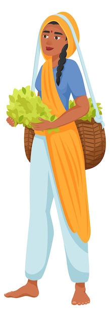 신선한 야채를 들고 있는 인도 여성 흰색 배경에 고립된 만화 아시아 농부