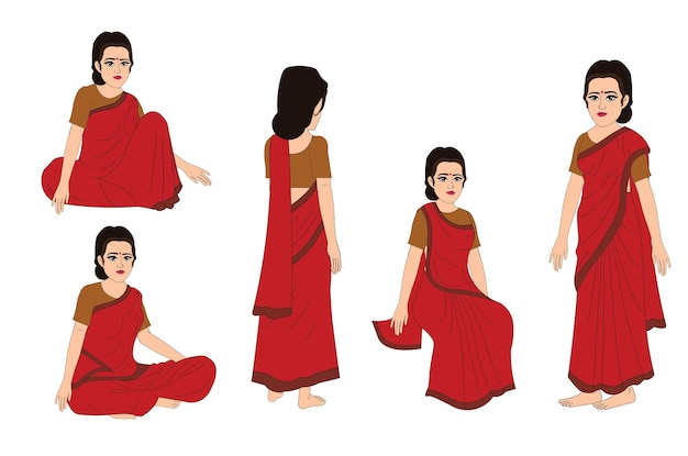 Indian woman with red saree cartoon character set Indian Young Female Character Vector