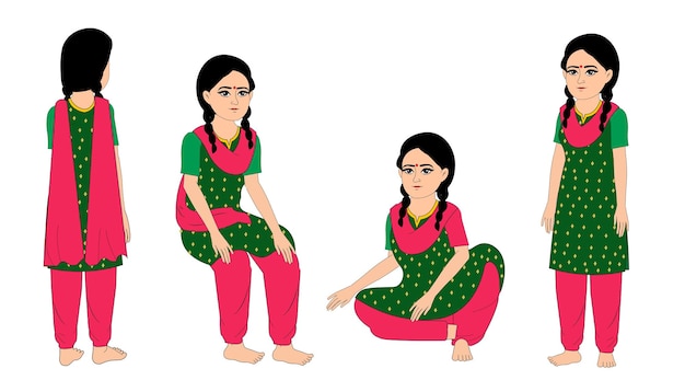 Donna indiana con il set di caratteri dei cartoni animati della tuta salwar indian young female character vector