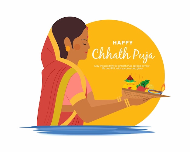Vector indian women doing prayer of sunrise and bathing in holy river happy chhath puja festival of india