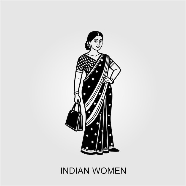 Vector indian women saree clipart indian woman wearing bridal outfit black and white vector illustration