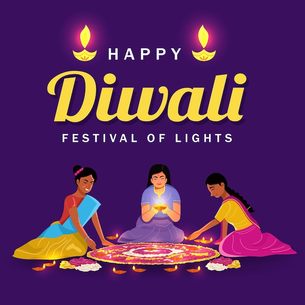 Indian women in traditional clothes making flowers and diya lamps rangoli on diwali festival