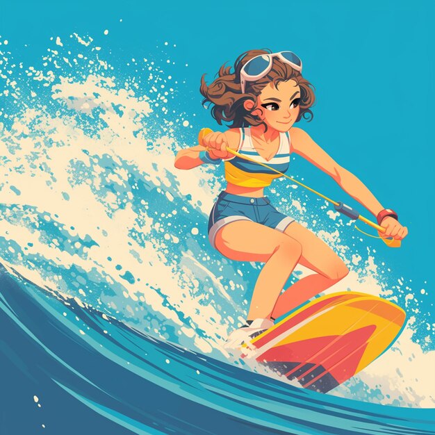 Vector a indianapolis girl does water skiing in cartoon style