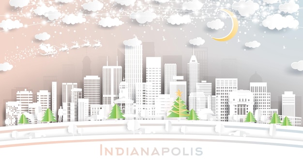 Индианаполис, Индиана, США, город в стиле вырезки из бумаги со снежинками, луной и неоновой гирляндой