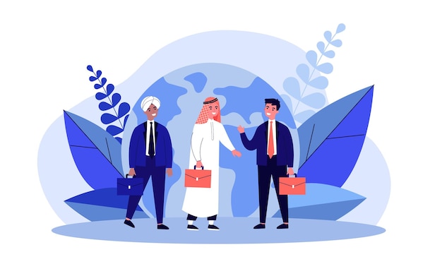 Vector indianarab and european businessmen in front of globe