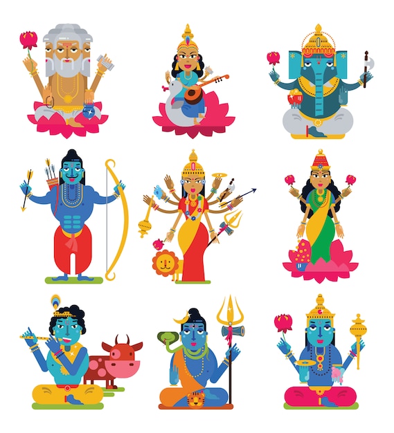 Indiase god vector hindoe-godheid van godin karakter en hindoeïsme goddelijk idool Ganesha in India illustratie set van Aziatische goddelijke religie geïsoleerd