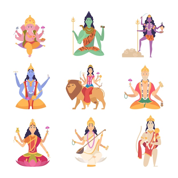 Indiase karakters goden. Fantasie mascottes van de Indiase cultuur vishnu ganesha lakshmi vectorillustraties. India spiritueel, hindoe god, godin mediteren