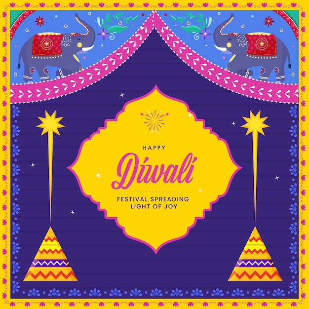 Indiase kitsch stijl achtergrond met olifanten en voetzoeker (anar) voor gelukkige diwali viering concept.