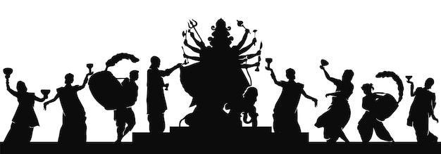 Indiase man en vrouw die het silhouet van Durga puja vieren door Dhunuchi te dansen en te drummen