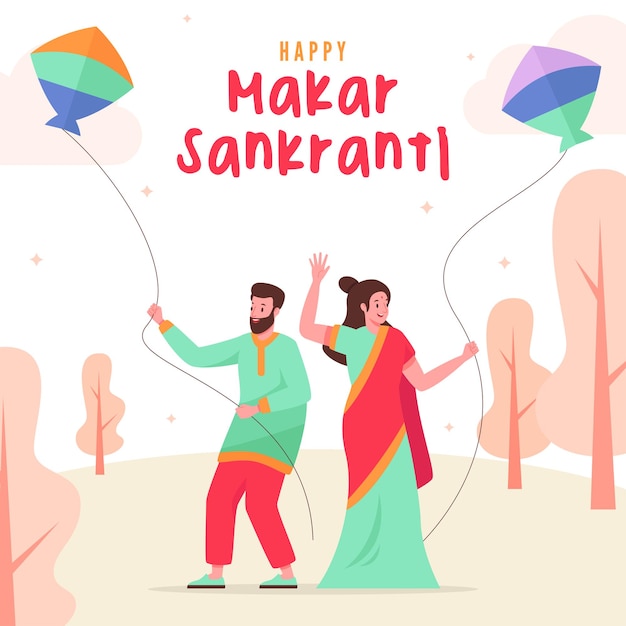 Indiase man en vrouw die vlieger spelen vieren Makar Sankranti