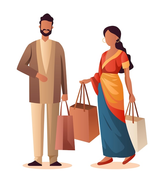 Indiase man vrouw koppel in traditionele kleren met winkelzakken seizoen grote verkoop speciaal aanbod promotie korting