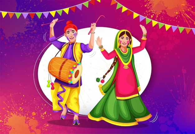 Vector indiase mensen vieren het festival van color holi in een versierde vectorachtergrond