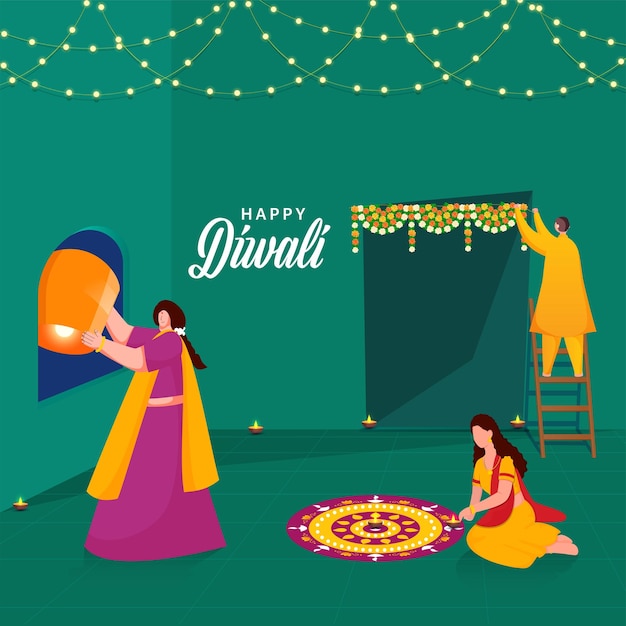 Indiase mensen vieren of genieten van festival van Diwali tegen groenblauw groene achtergrond