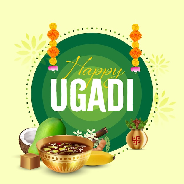 Vector indiase regionale telugu en kannah nieuwjaarsfestival ugadi wensen in telugu met feestelijke elementen