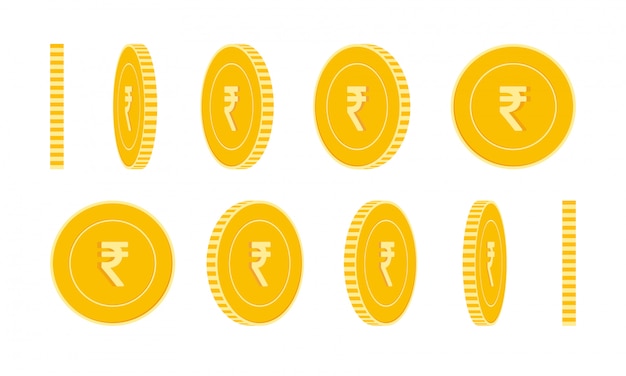 Indiase roepie munten set, animatie klaar. inr gele munten rotatie. india metaalgeld in verschillende p