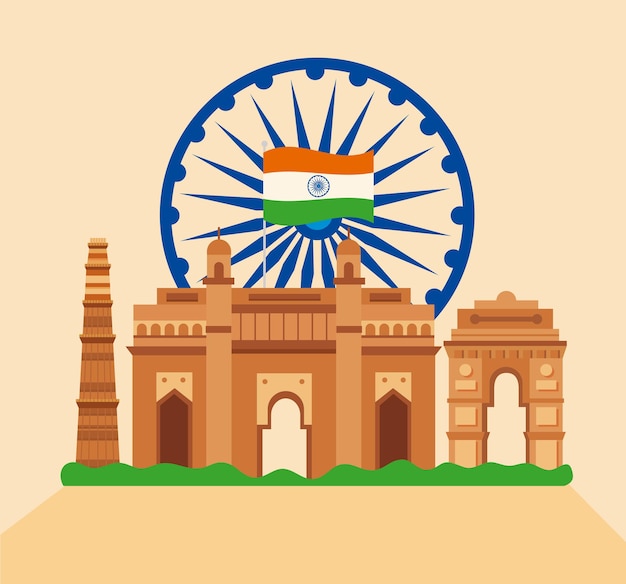 Indiase tempels bezet met ashoka chakra en vlag