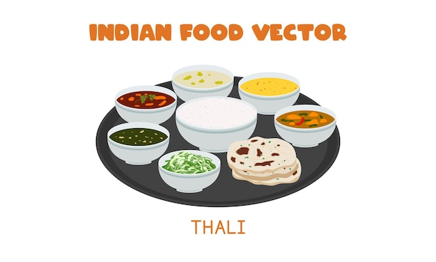 Indiase Thali - Indiase beroemde schotel platte vector clipart. Aziatisch eten. Indiase keuken. Indiaans eten