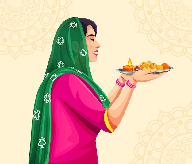 Indiase vrouw in etnische doek met versierde puja thali