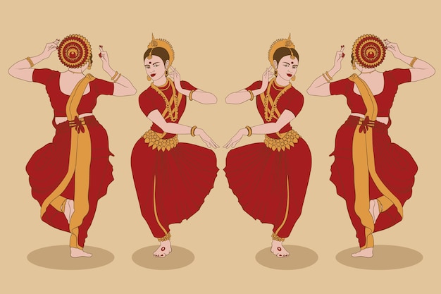 Indiase vrouw in traditionele kleding en traditionele culturele dansen vormt vooraanzicht achteraanzicht