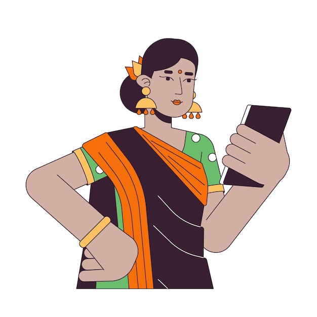 Indiase vrouw op zoek naar smartphone platte lijn kleur vector karakter Bewerkbare omtrek halve lichaam persoon op wit Online communicatie eenvoudige cartoon plek illustratie voor web grafisch ontwerp