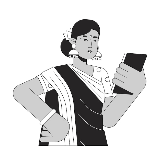 Indiase vrouw op zoek op smartphone platte lijn zwart witte vector teken Bewerkbare omtrek half lichaam persoon Online communicatie eenvoudige cartoon geïsoleerde plek illustratie voor web grafisch ontwerp
