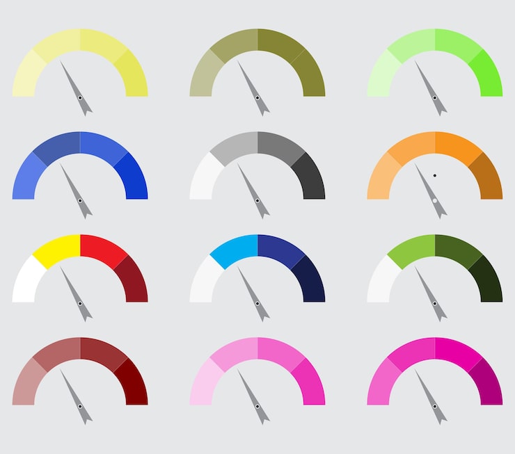 Vector indicator color set with pointer needle index pointer arrow and car indicator measure indicator control technology measurement spectrum pointer vector abstract flat design illustration
