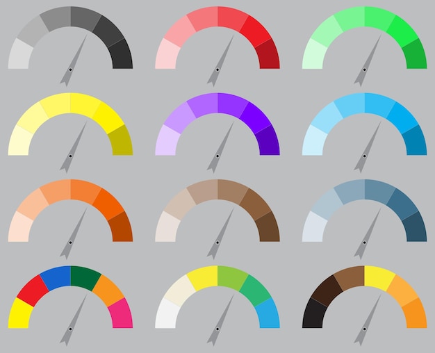 Indicator felle kleur ingesteld met aanwijzer naald Pijl indicator set macht paneel naald pijl barometer of toerenteller apparatuur of instrument Vector abstracte platte ontwerp illustratie