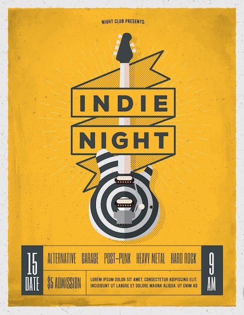 Indie rock music night party, festival flyer, poster, banner sjabloon voor uw evenement. trendy vintage stijl illustratie.