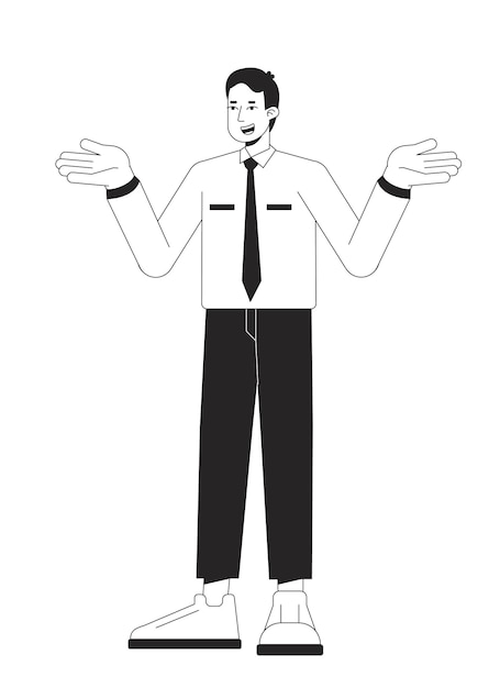Indifferent office man shrugging flat line black white vector character Editable outline full body person on white Puzzled reaction simple cartoon isolated spot illustration for web graphic design