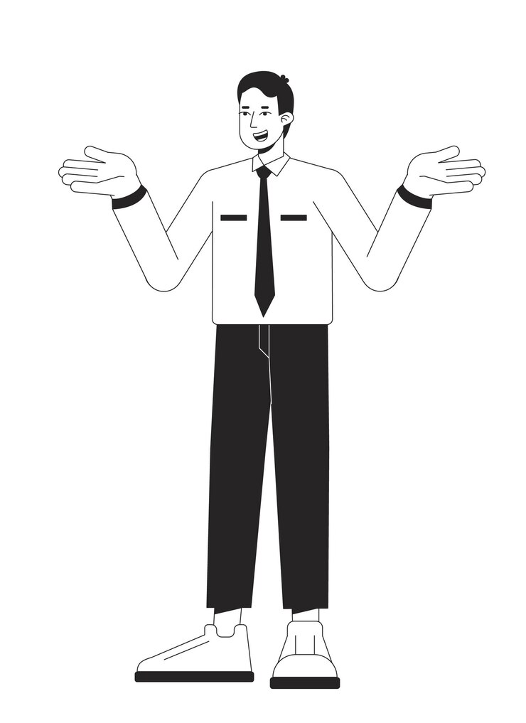 Vector indifferent office man shrugging flat line black white vector character editable outline full body person on white puzzled reaction simple cartoon isolated spot illustration for web graphic design