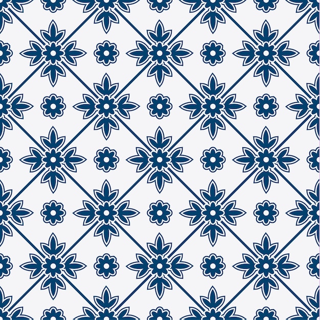 Indigo and white seamless floral delft pattern, vector