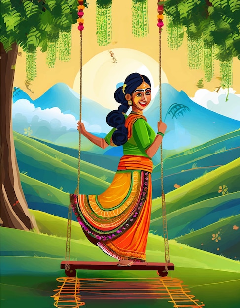 indisch festival hariyali teej betekent groene teej vrouw geniet van het festival met schommel in de moesson op bea