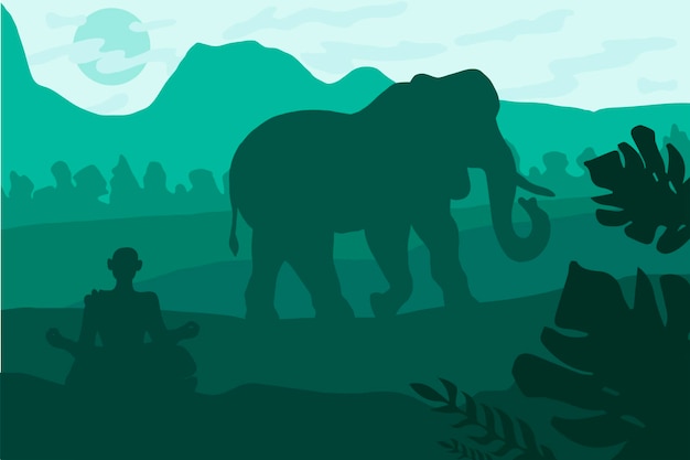 Vector indisch landschap met olifant en yog. tropisch natuurpanorama. natuurlijke scène in groene kleuren. vector