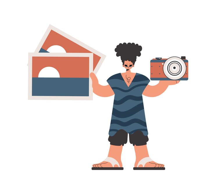 Vector the individual holds a camera and photos in his hands compelled on white establishment trendy style vector illustration