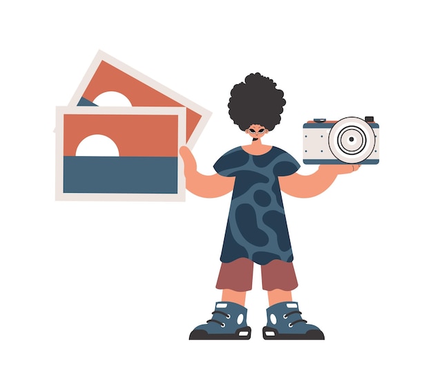 Vector the individual holds a camera and photos in his hands compelled on white establishment trendy style vector illustration