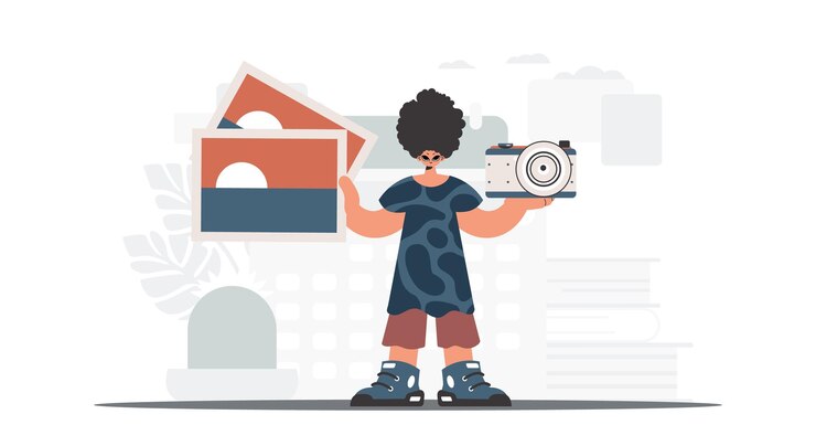 Vector the individual holds a camera and photos in his hands the concept of rest and travel trendy style vector illustration