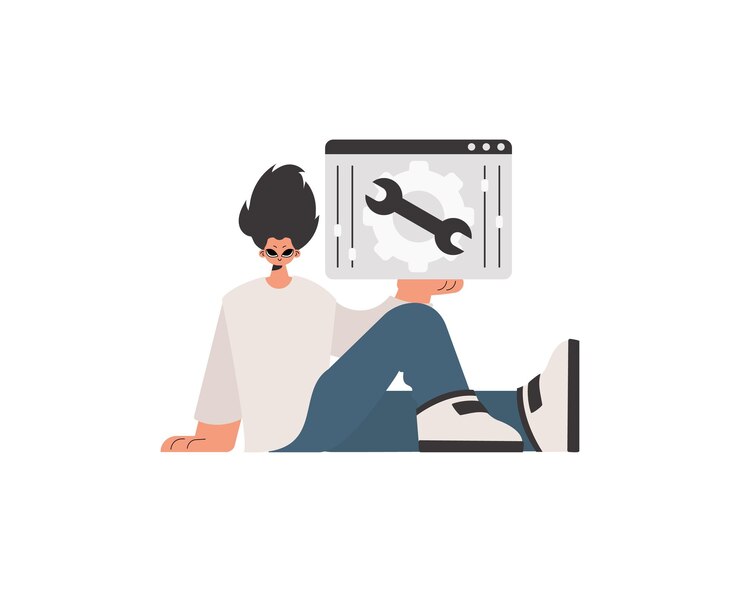 Vector the individual is holding a browser window with gears seo and web analyzing point restricted trendy style vector illustration