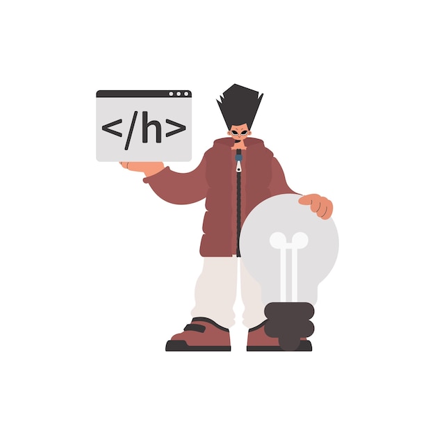 The individual is holding a browser window with a programming picture and to boot standing near a gigantic light bulb limited on white establishment trendy style vector illustration